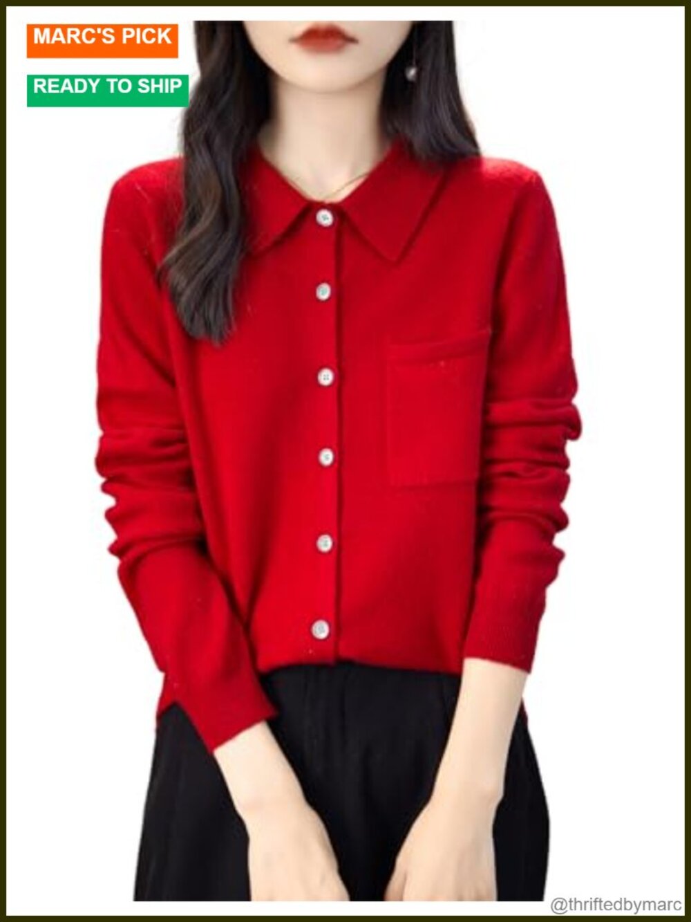 100% Merino Wool Polo Neck Cardigan Sweater with Pocket